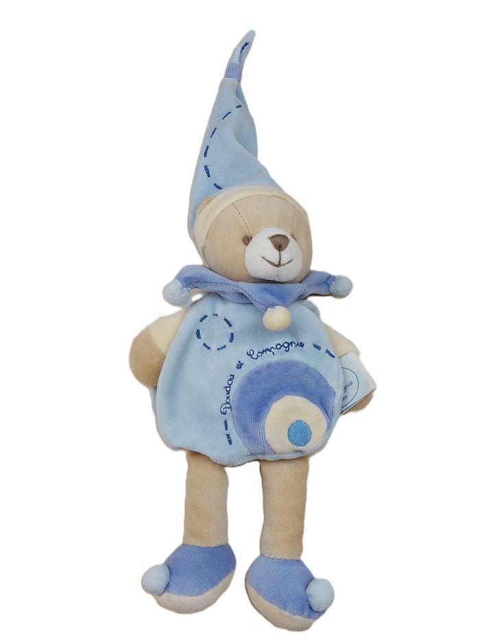 DOUDOU ET COMPAGNIE ours lutin Léo LEO bleu beige cape bonnet ronds 23 cm - photo numéro 1