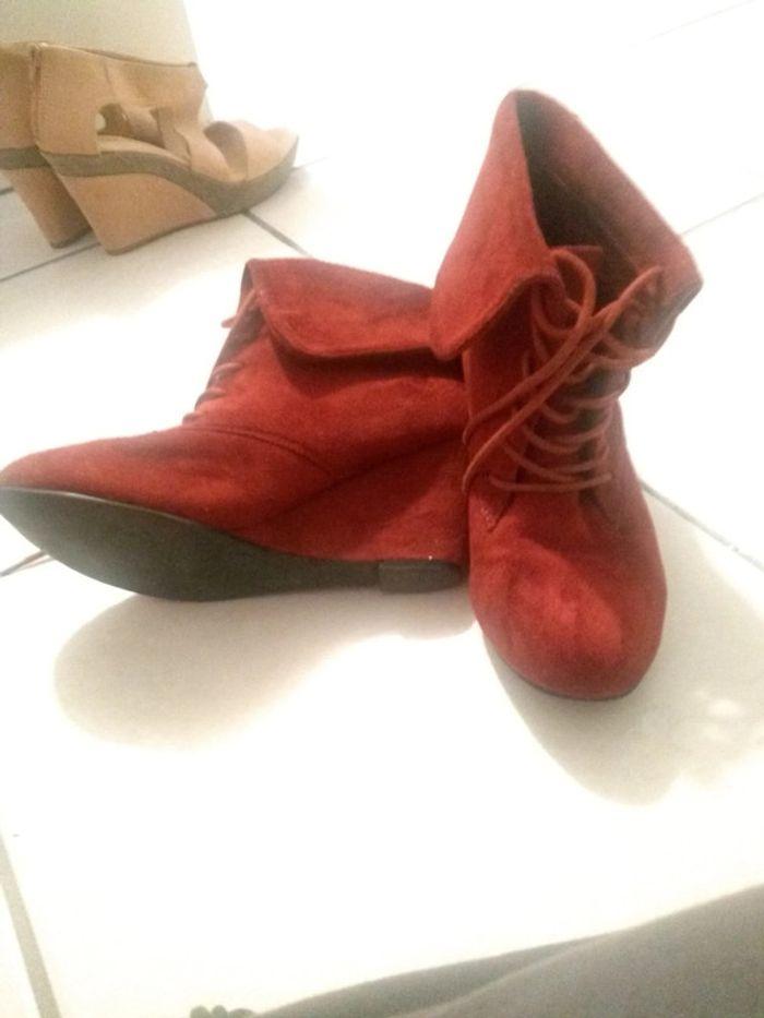 Bottines compensées lassées bordeaux - photo numéro 1