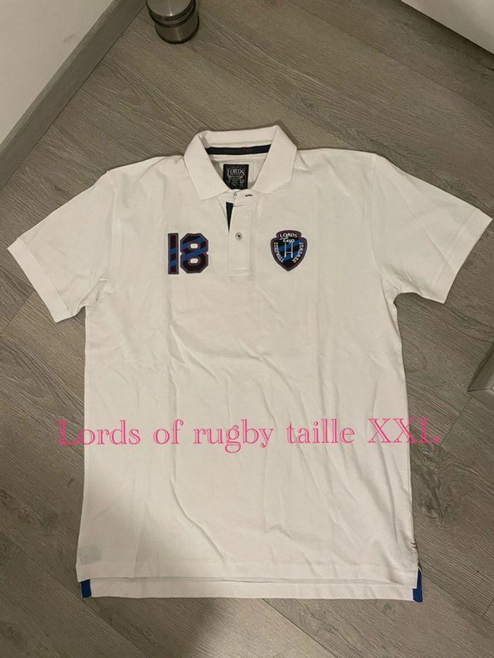 T-Shirt polo à manches courtes blanc motifs écriture bleu marine neuf lords of rugby taille XXL - photo numéro 1