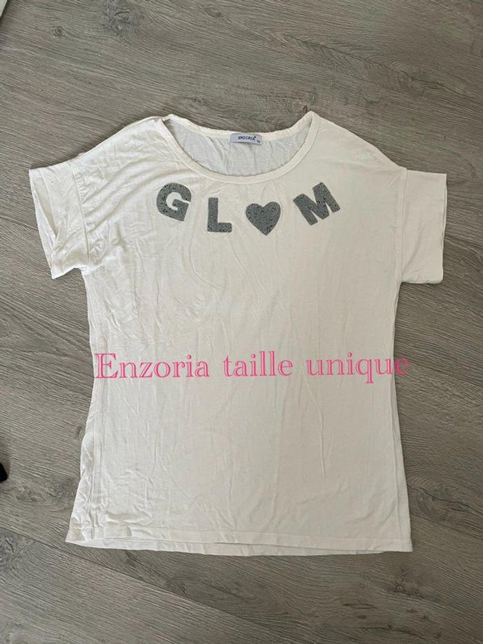 T-shirt blanc à manches courtes col rond motif glam en strass argenté enzoria taille unique - photo numéro 1