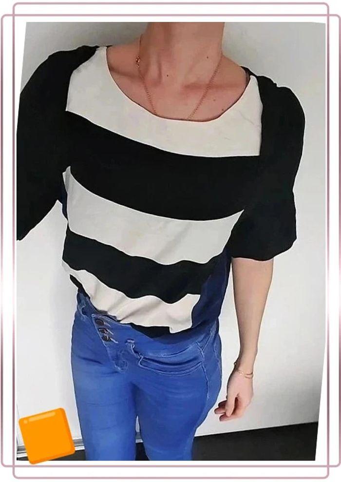 🌻 Blouse Sandro fluide noir bleu blanc taille S 100%soie - photo numéro 4