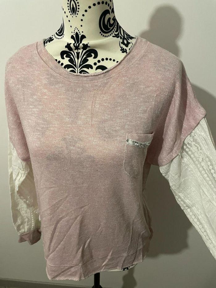 Pull à manches longues effet chemise rose clair et blanc taille 38 - photo numéro 3