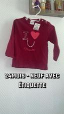 T-shirt manches longues  bébé fille 24m  bordeaux  j’aime maman Kiabi neuf étiquette