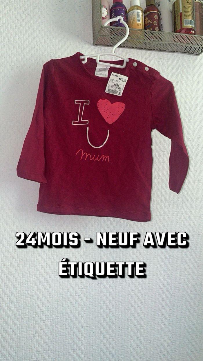 T-shirt manches longues  bébé fille 24m  bordeaux  j’aime maman Kiabi neuf étiquette