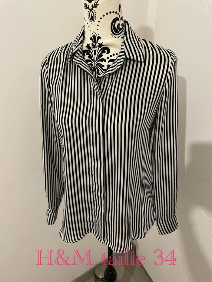 Chemise fluide ne se froisse pas blanc rayé noir à manches longues H&M taille 34 - photo numéro 1