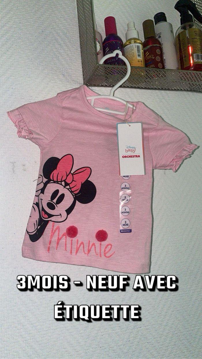 T-shirt manches courte bébé Minnie  3 mois rose pompon  Disney neuf étiquette