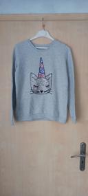 Pull gris fille chat. C&A. 12/14ans