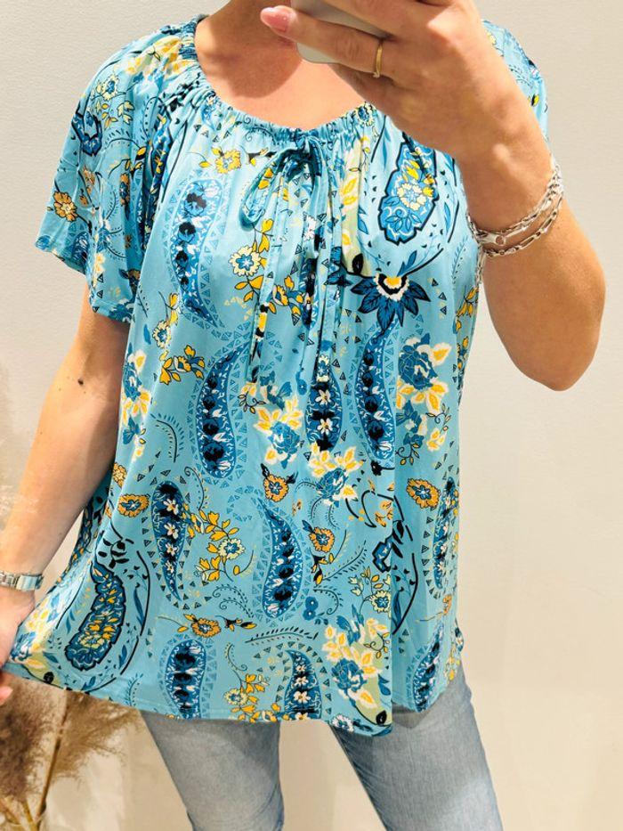 Blouse bleu turquoise à motif TU 36/42 B3 - photo numéro 1