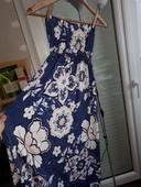 Robe longue sans bretelles bleu et fleurs rose 38/40