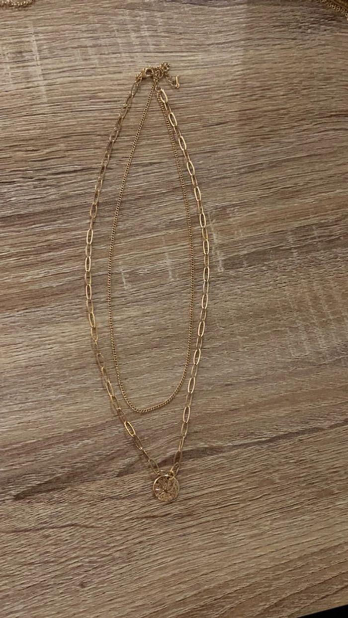 Collier double chaine laiton doré avec pendentif - photo numéro 1