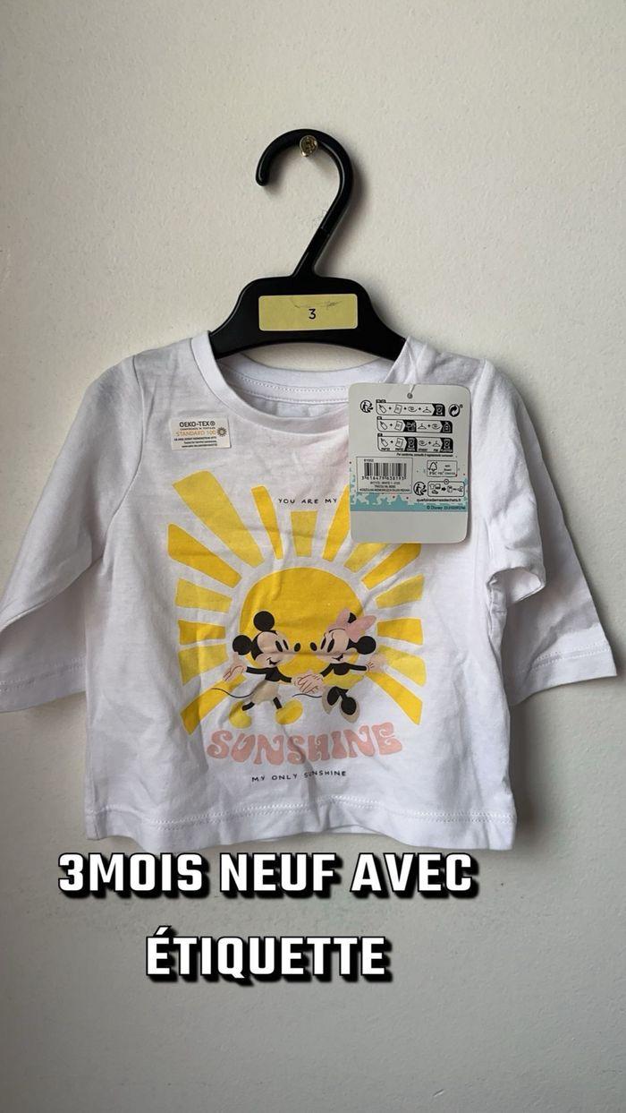 3 mois T-shirt manches longues bébé blanc Mickey Minnie soleil Disney Disneyland neuf étiquette