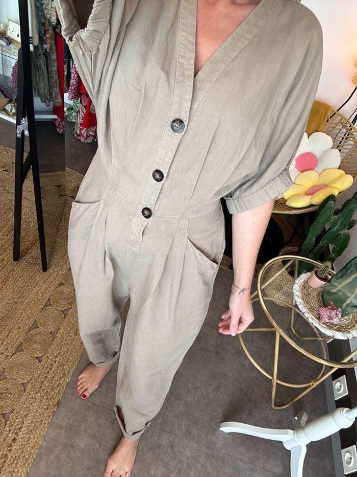 Combinaison Zara oversize en lin beige - Taille XS - photo numéro 2