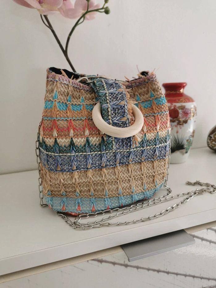 Sac en paille en bandoulière multicolore bohème - photo numéro 1