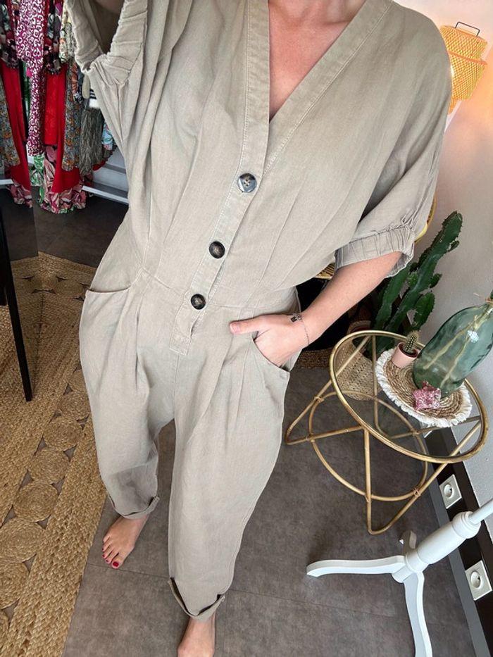 Combinaison Zara oversize en lin beige - Taille XS - photo numéro 3