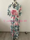 Robe longue blanc fleur vert et rose col chemise manche courte u collection taille 40