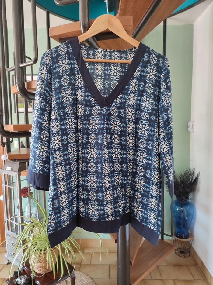 Blouse manche 3 quart large bleu fleurie 40 - photo numéro 1