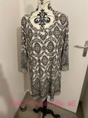 Robe à manche 3/4 col rond bijoux blanc à motifs beige neuf taille 6 soit taille 46