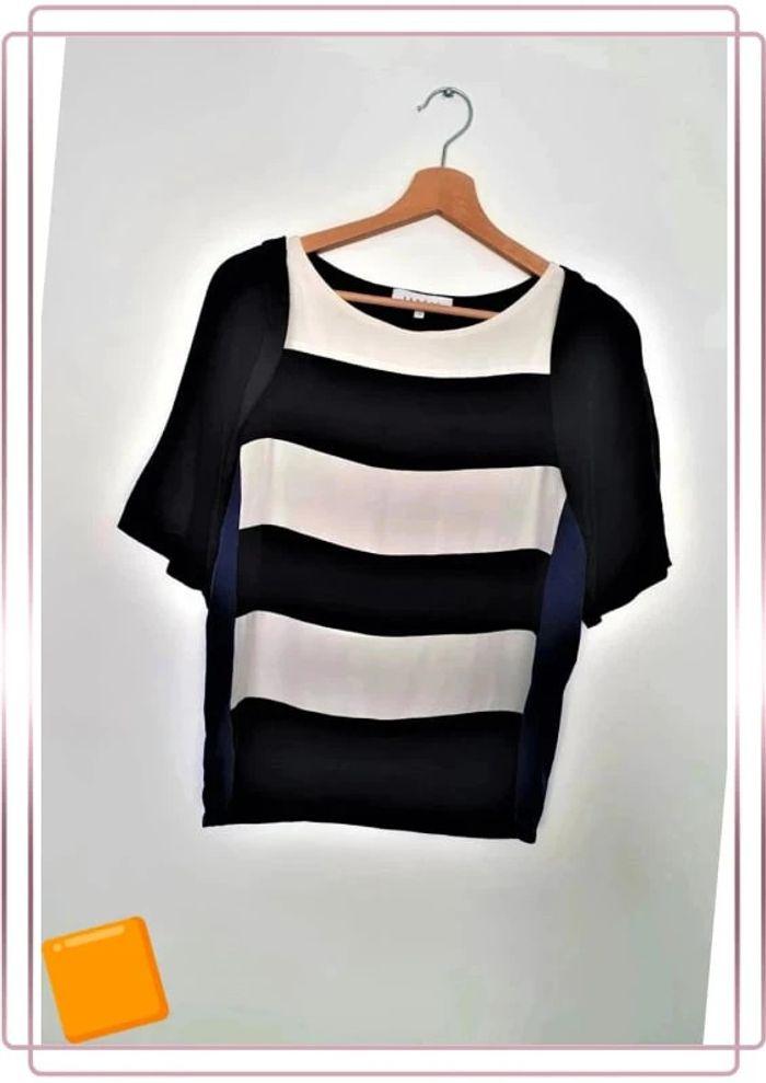 🌻 Blouse Sandro fluide noir bleu blanc taille S 100%soie - photo numéro 5