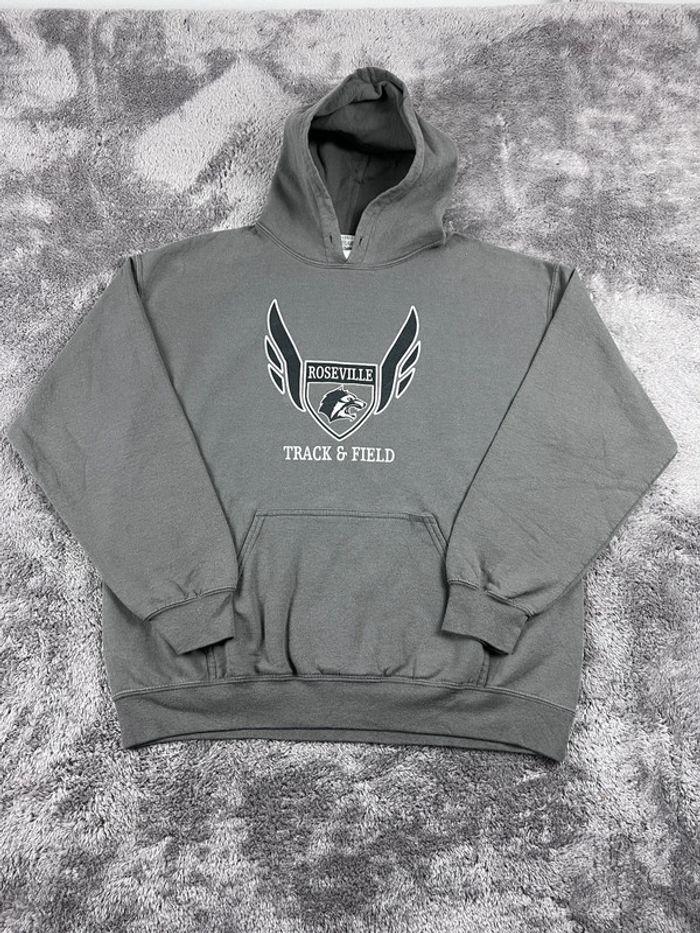 👕 Sweat à capuche University Rare Vintage y2k 90s 2000s Roseville Track & Field Gris Taille L 👕 - photo numéro 1