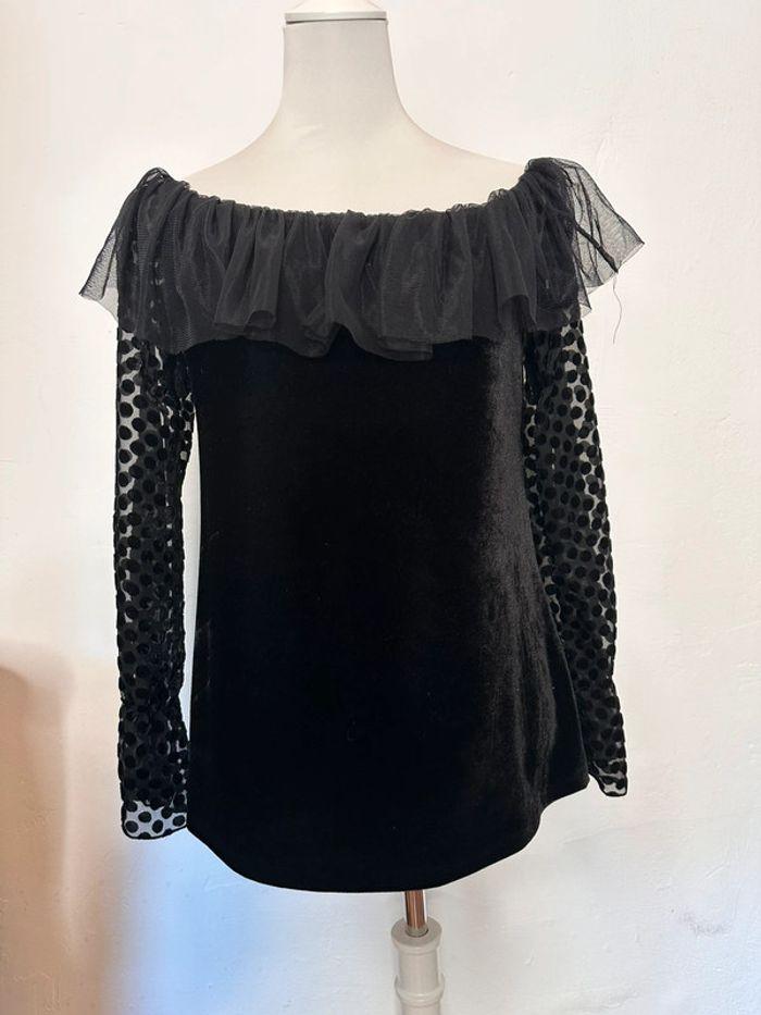 Top noir velours épaules volants tulle Rinascimiento taille XL - photo numéro 1