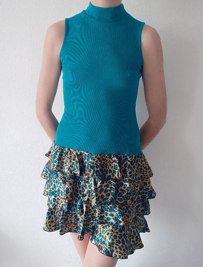 Mini robe moulante turquoise froufrou léopard y2k / Insolente Paris 🇨🇵 36/S à 38/M - photo numéro 2