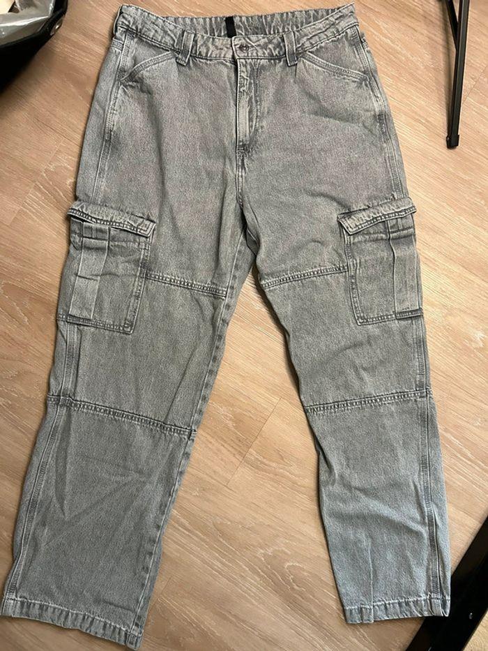 Pantalon jean cargo gris taille haute - photo numéro 2