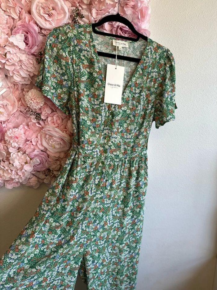 Grace & Mila Combinaison verte à fleurs - Modèle Irma, neuve, taille 34/36 - photo numéro 3