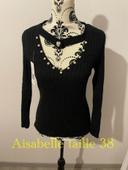 Pull manche longue doux noir col V lanière col strass blanc neuf aisabelle taille 38