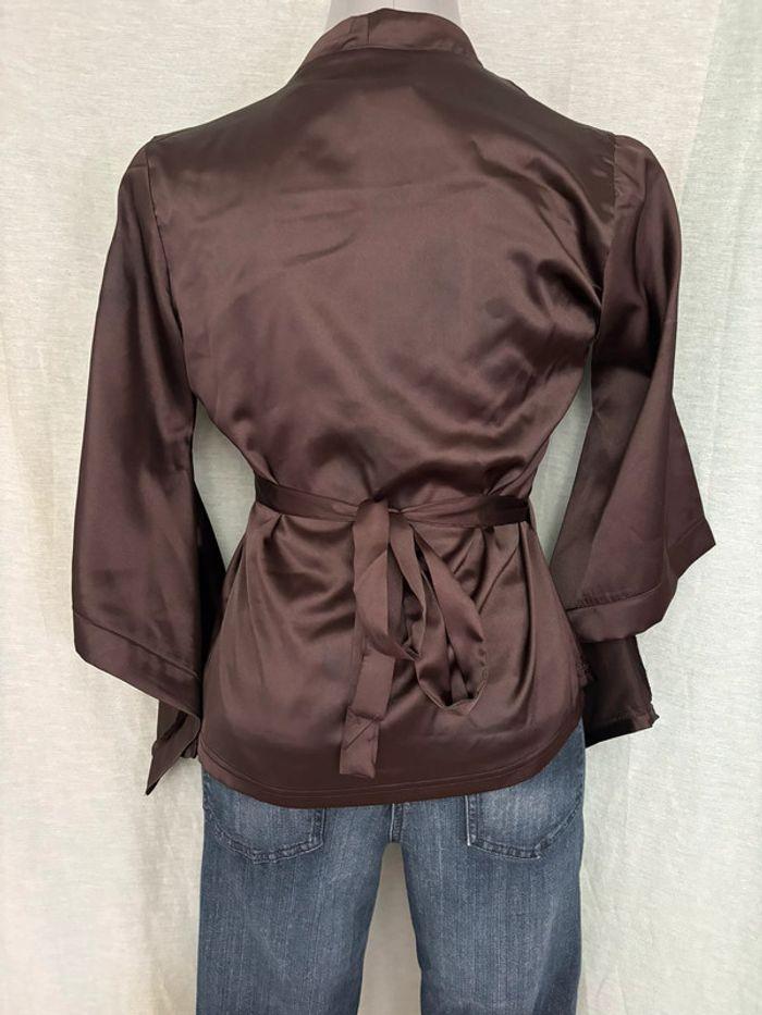 Superbe blouse cache coeur kimono marron satiné neuf L - photo numéro 3