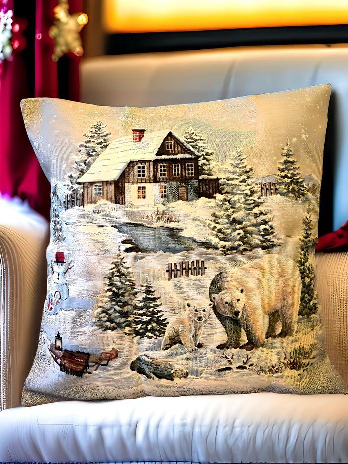 Housse de coussin ours blanc devant chalet