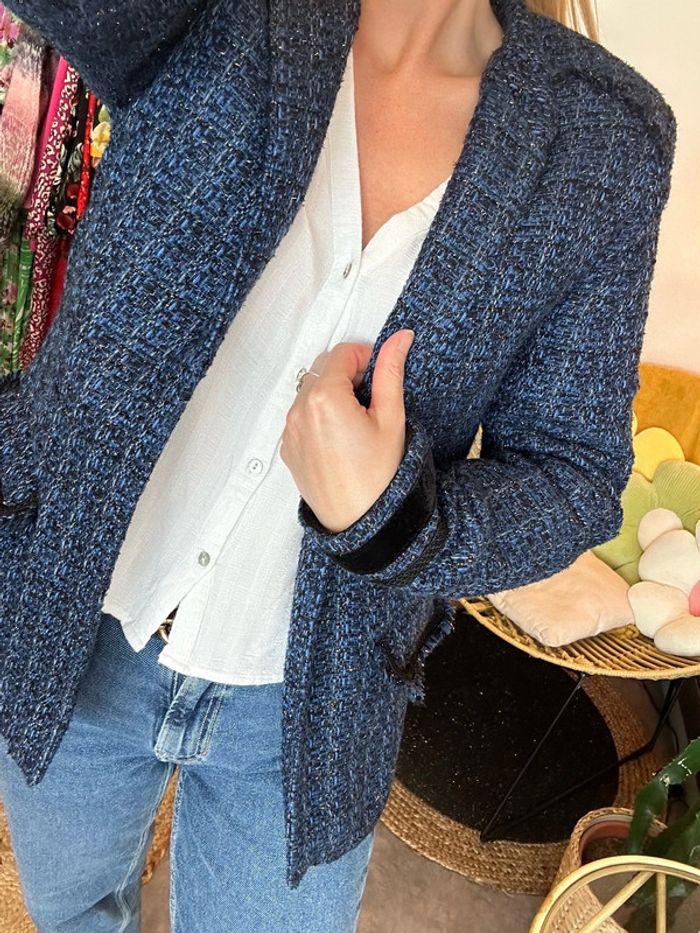 Veste chic Nafnaf en tweed bleu, taille 36 - photo numéro 2