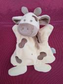 Doudou marionnette vache beige, marron, peluche, jeu