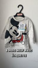 6 mois T-shirt manches longues bébé garçon  gris Mickey Disney Disneyland neuf étiquette