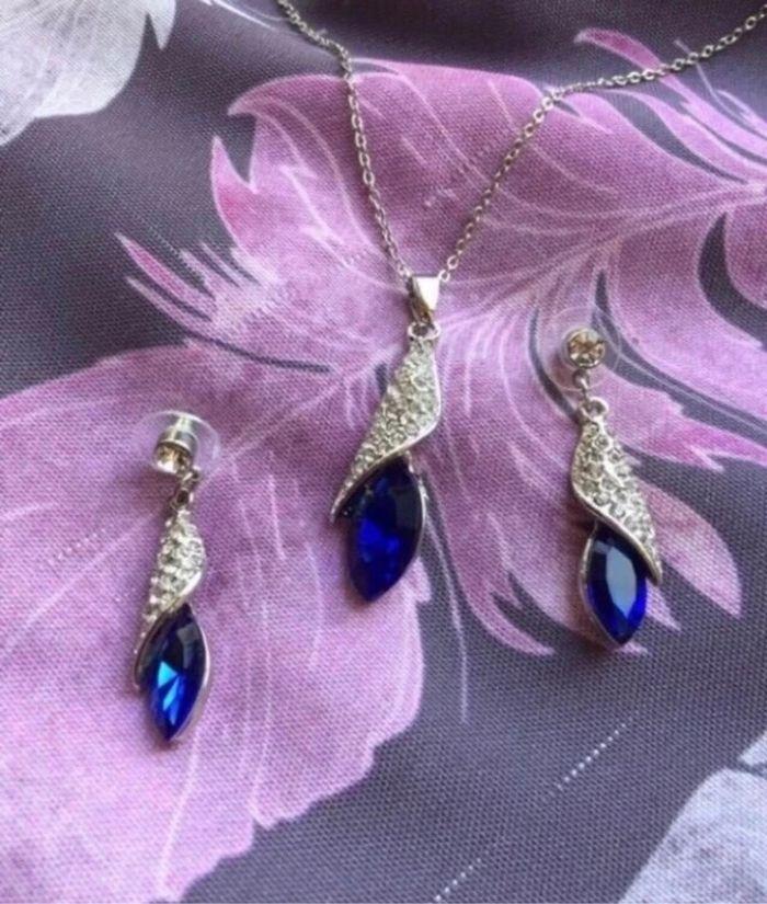 🌹Ensemble Bijoux Collier Pendentif Paires Boucles D’oreilles Pendants Cristal Bleu Royale - photo numéro 10