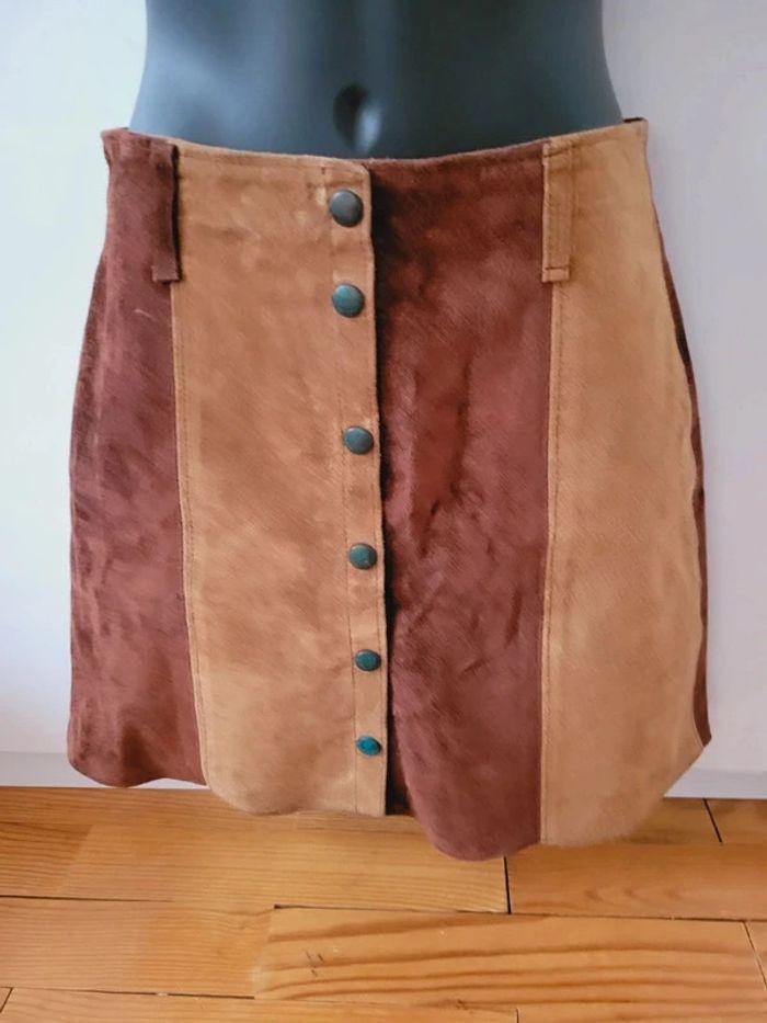 Vintage Minijupe créateur cuir peau véritable 36 S marron bicolor - photo numéro 5