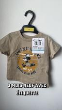 3 mois T-shirt manches courtes bébé garçon marron taupe surf Mickey Disney Disneyland neuf étiquette