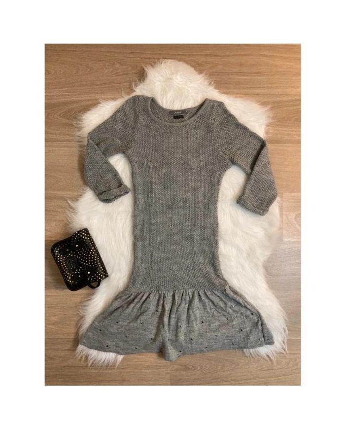 robe manches 3/4 gris et argenté foncé motif fantaisie et légèrement ajouré femme S/36 <•Bershka> - photo numéro 1