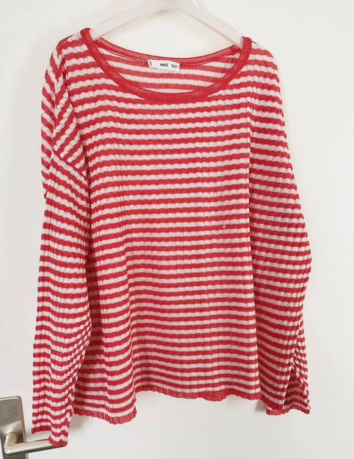 Pull rayé rouge et blanc en maille côtelée - Mango - photo numéro 1