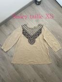 Blouse beige motif perle noir devant en voile manches 3/4 Sisley taille XS