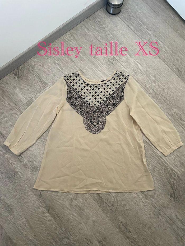 Blouse beige motif perle noir devant en voile manches 3/4 Sisley taille XS - photo numéro 1