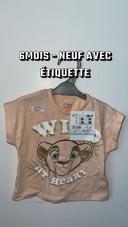 6 mois T-shirt manches courtes bébé fille rose saumon roi lion simba Kiara Disney Disneyland neuf étiquette