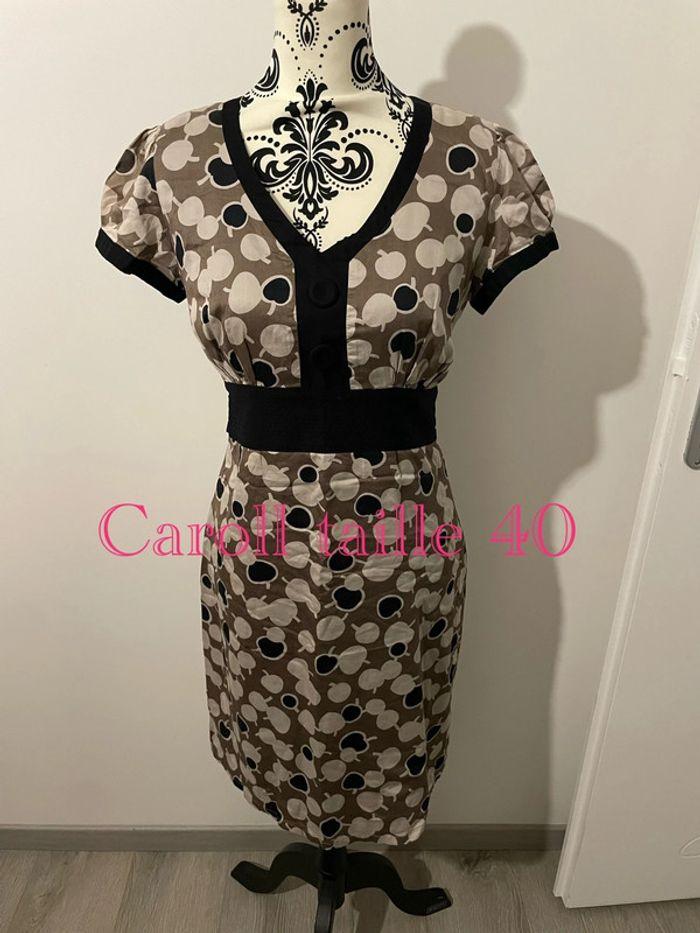 Robe à manche courte beige et noir à motif ceinture taille caroll taille 40 - photo numéro 1