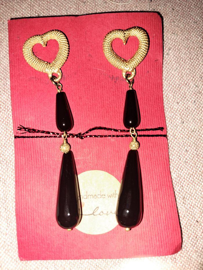 Boucles d oreilles pendantes gouttes onyx veritable et zamak doré - photo numéro 4