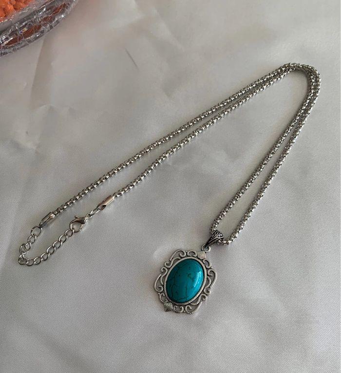 Collier vintage bleu turquoise en alliage argenté - photo numéro 2