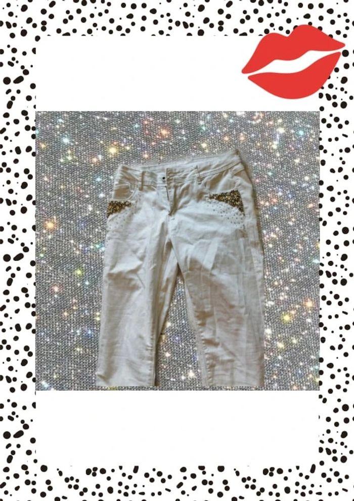 Jeans blanc à perles et strass taille M/38 - photo numéro 3