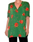 Long chemisier vintage à épaulettes fluide col V vert motif fleurs rouge coquelicot taille 44