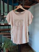 T-shirt beige paillettes dentelle offert