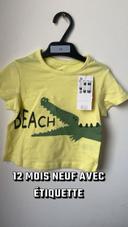 12 mois T-shirt manches courtes bébé garçon  jaune crocodile tex neuf étiquette