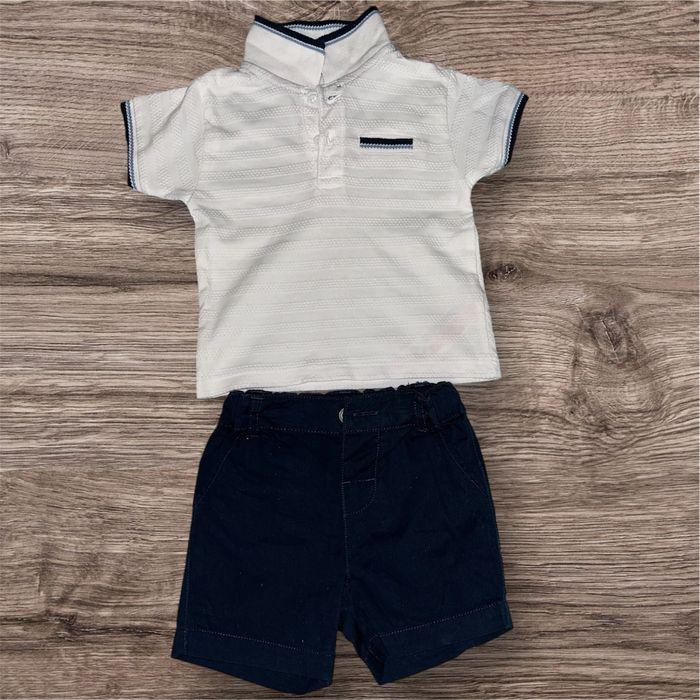 Ensemble polo blanc + short bleu marine 6/9 mois - photo numéro 1