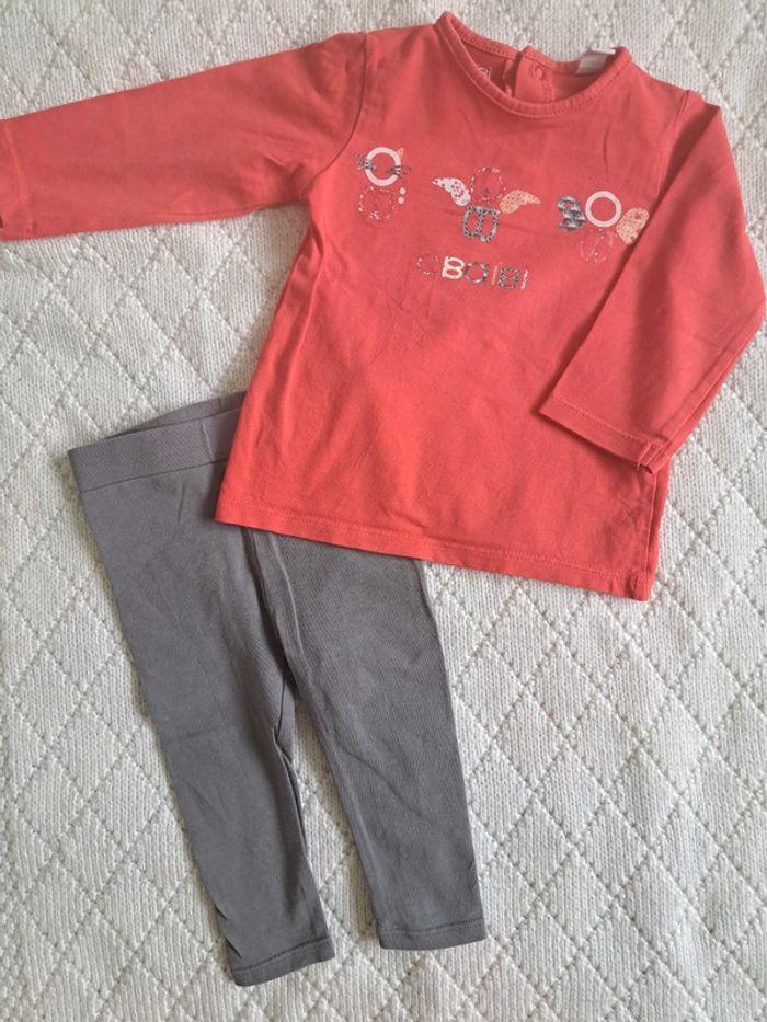 Ensemble t-shirt manches longues rouge + legging gris Obaïbi fille 6 mois - photo numéro 2